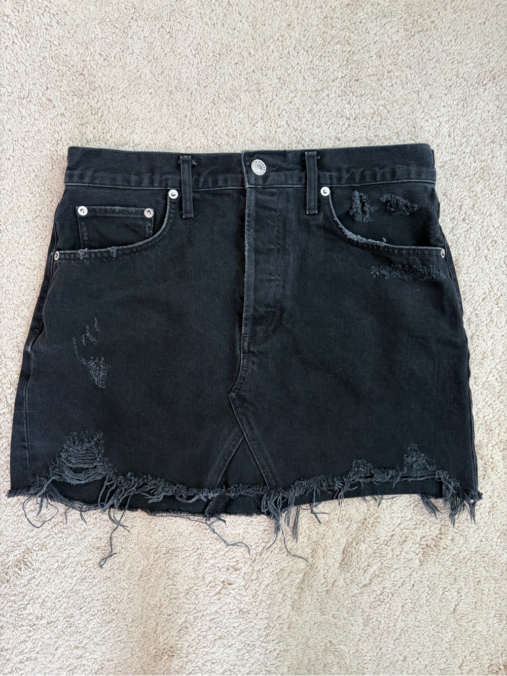 AGOLDE Women's Black Denim Distressed Mini Skirt High Rise Size‎ 28